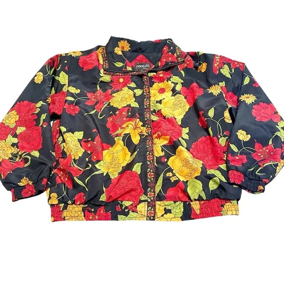 Jackets & Blazers - vintage floral lightweight windbreaker jacket in black and red jacket size m
